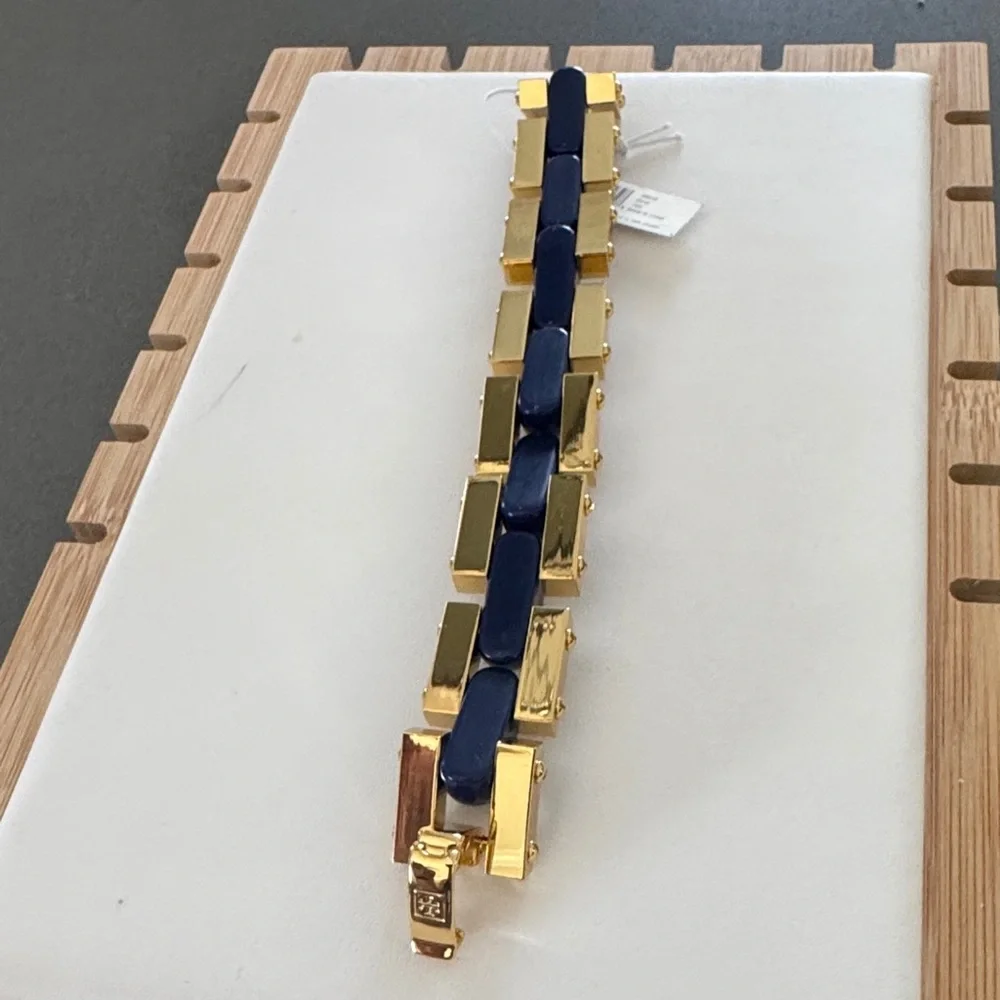 Tory Burch NWT Gold and Blue inlay enamel Chunky Bracelet
